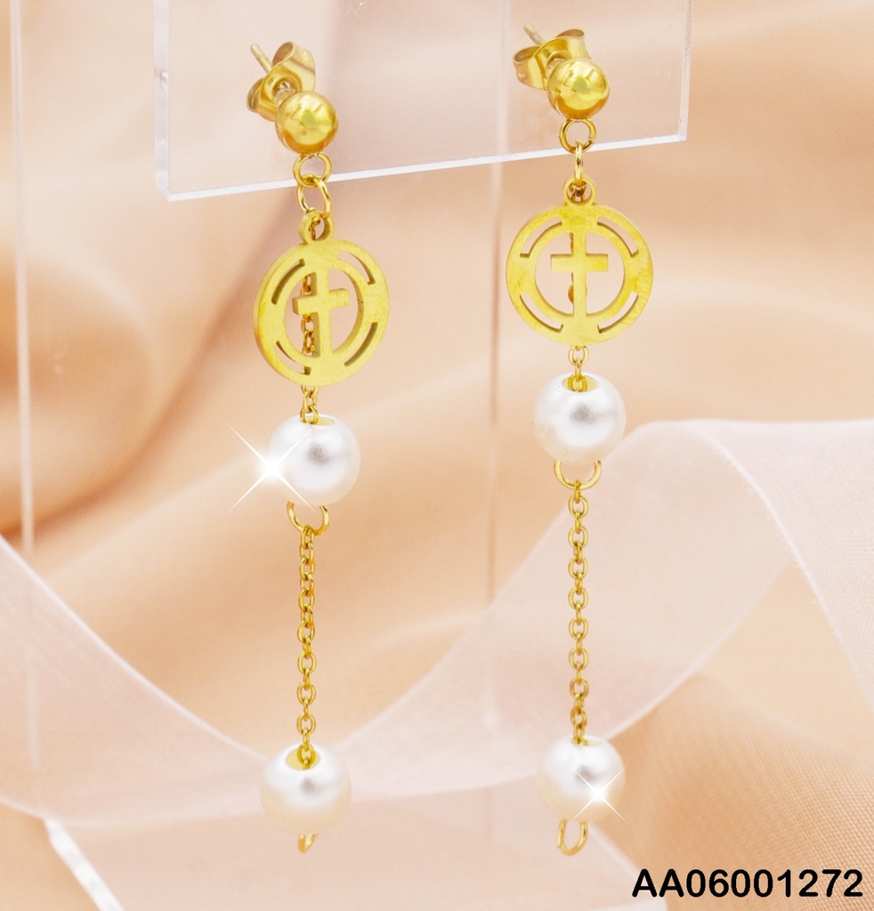 ARETES ACERO ESFERA CON CRUZ C/CDN COLGANTE C/PERLAS