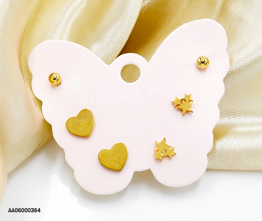 ARETES CARTON 3 PIEZAS: PELOTAS, CORAZON, TRES ESTRELLAS