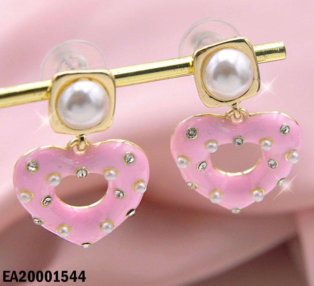 ARETES COLGAR CROQUI CORAZÓN ROSA C/PERLITAS-ZIRC