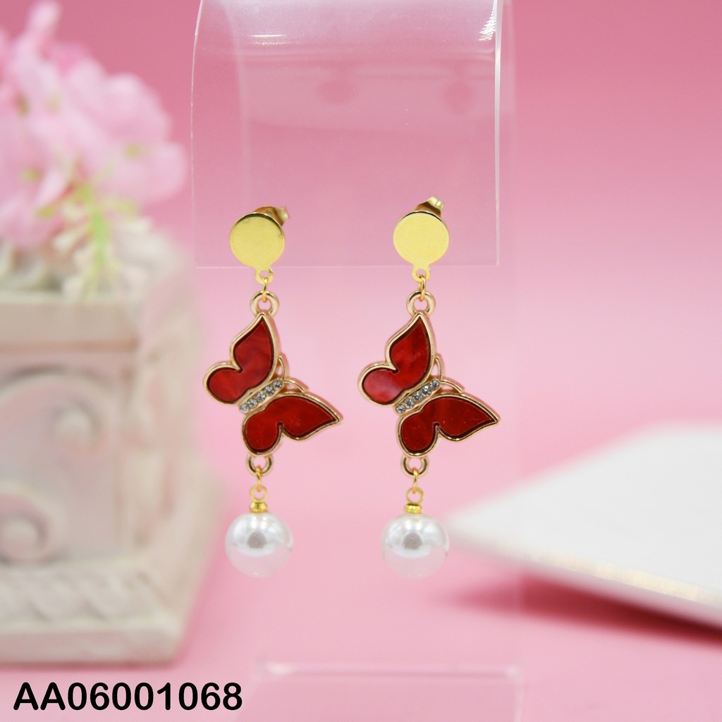 ARETES COLGAR MARIPOSA FUCSIA C/PERLA COLGANTE