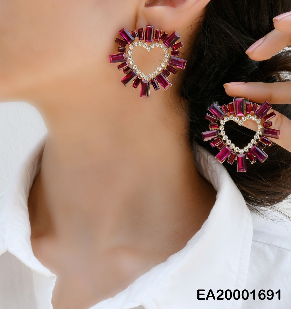 ARETES CROQUI CORAZÓN ZIRC.RD/RECTÁNGULOS ROJOS VINO