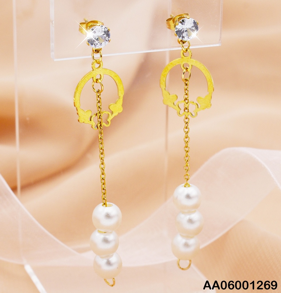 ARETES CROQUI ESFERA CON MARIPOSAS CADENA COLGANTE C/PERLAS
