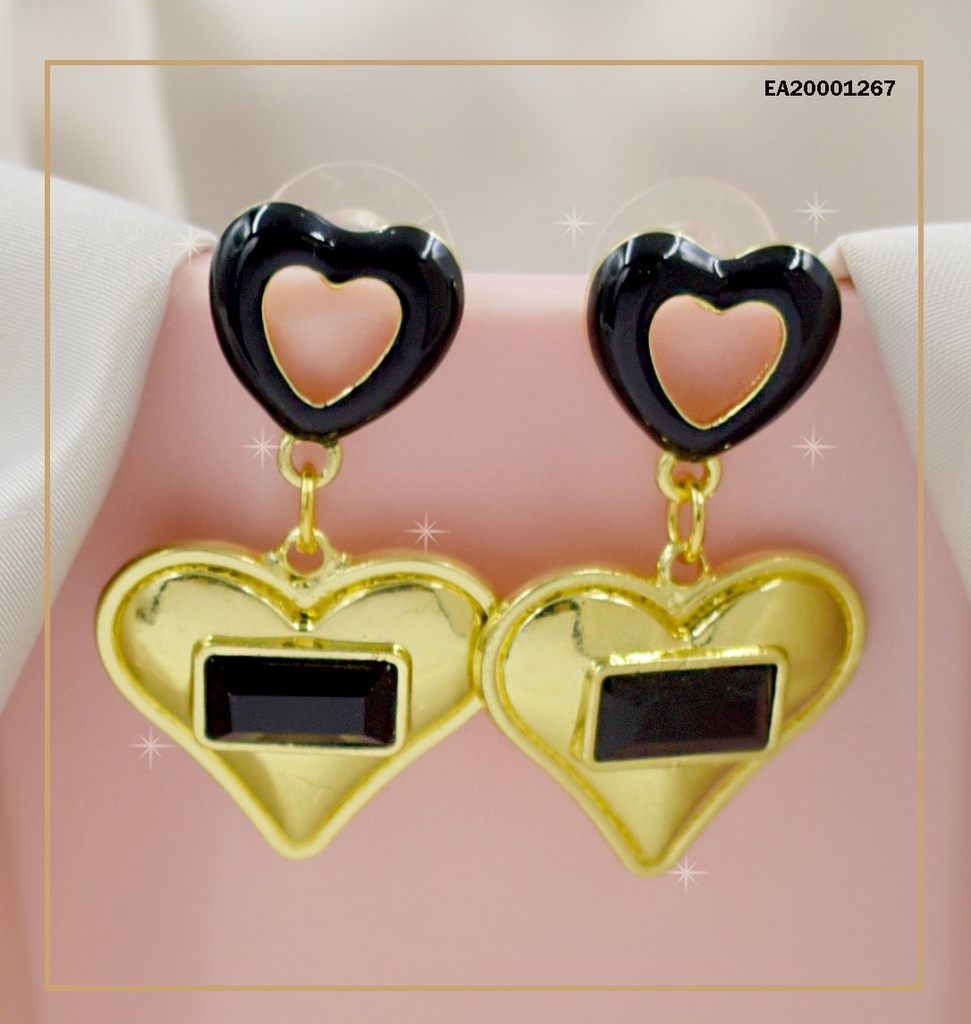 ARETES DE COLGAR CROQUI CORAZÓN NEGRO/♥ DORADO