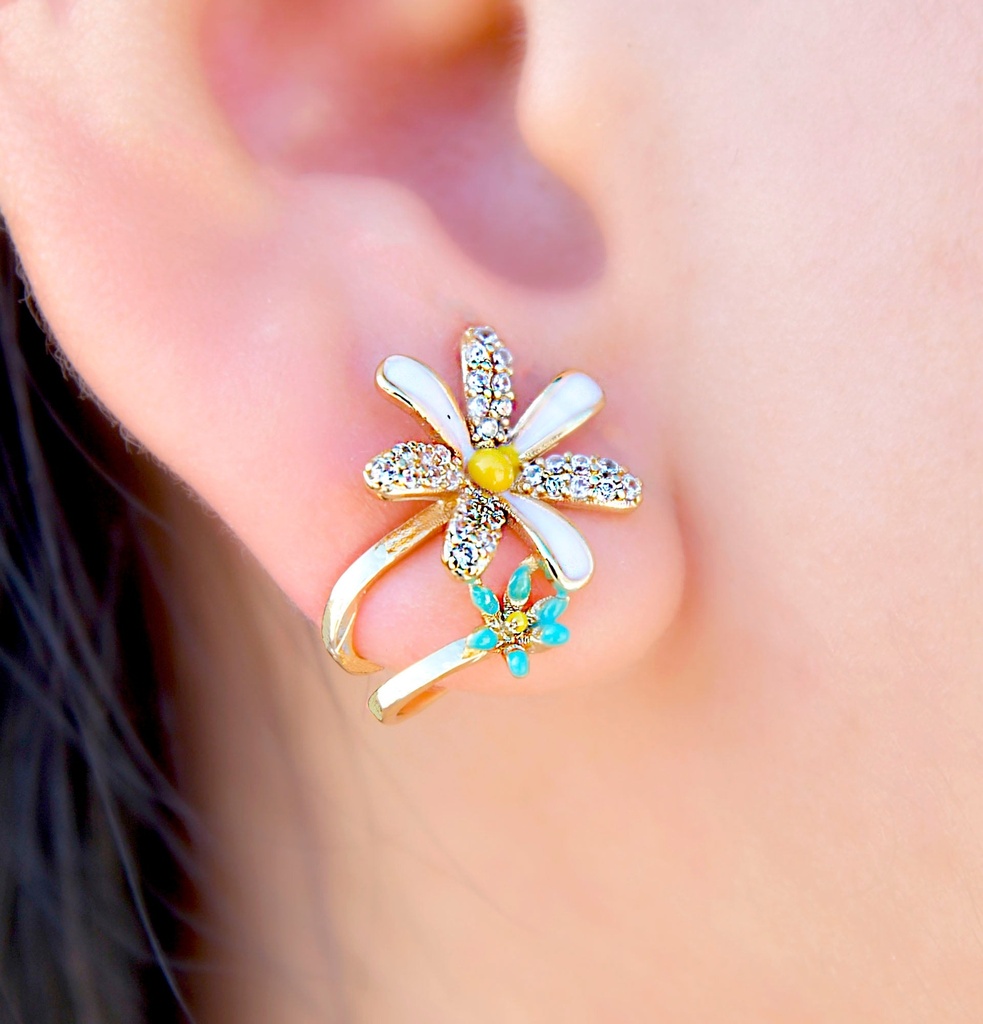 ARETES DOBLE FLOR TURQUESA PEQUEÑA/BLANCA C/ZIRCONIAS