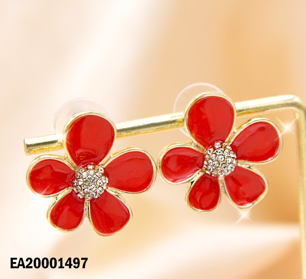 ARETES FLOR ROJA PETÁLOS IRREGULARES CENTRO ZIRC.