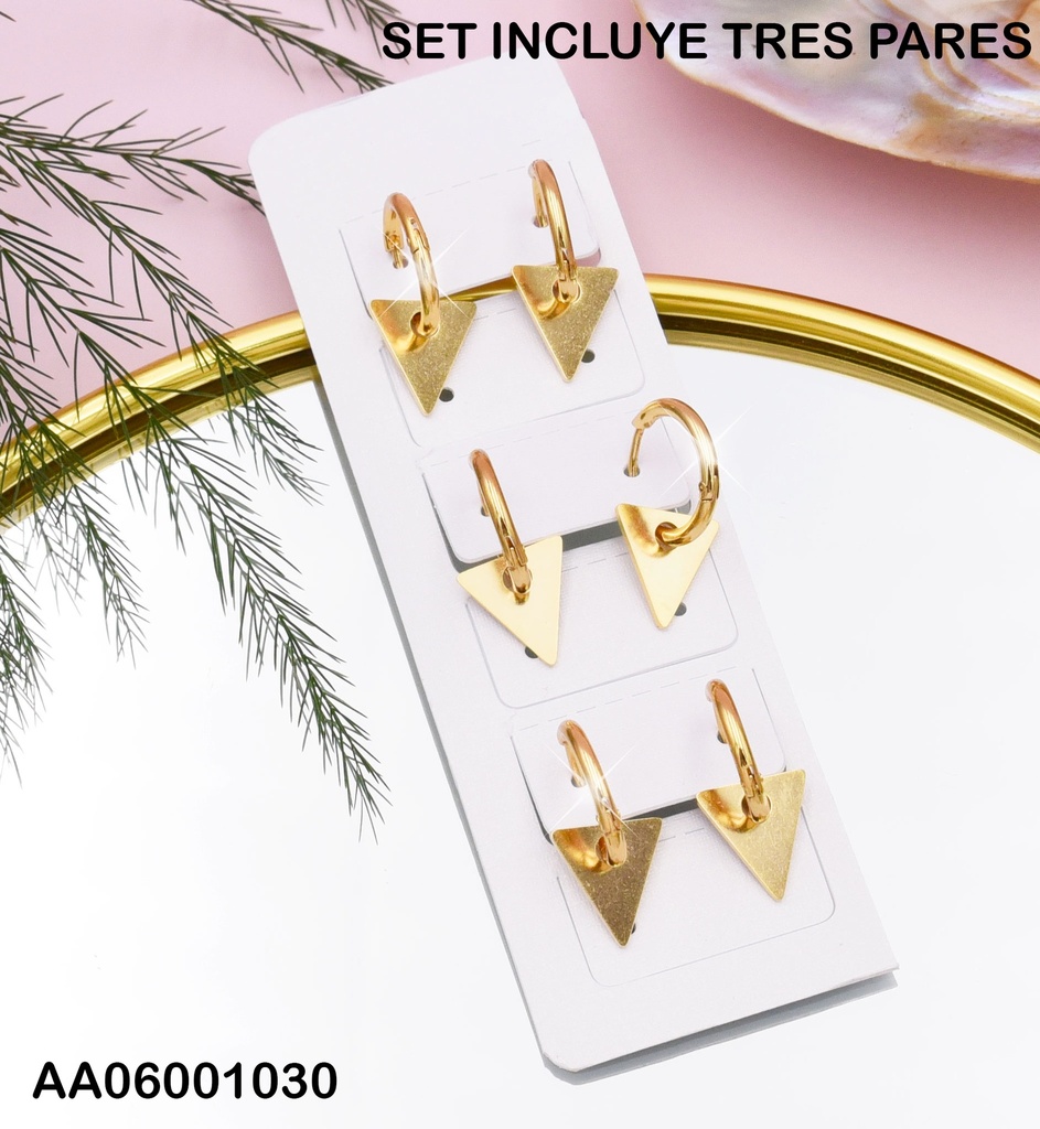ARETES HUGGIES  PAQUETE 3 PARES TRIÁNGULO COLGANTE