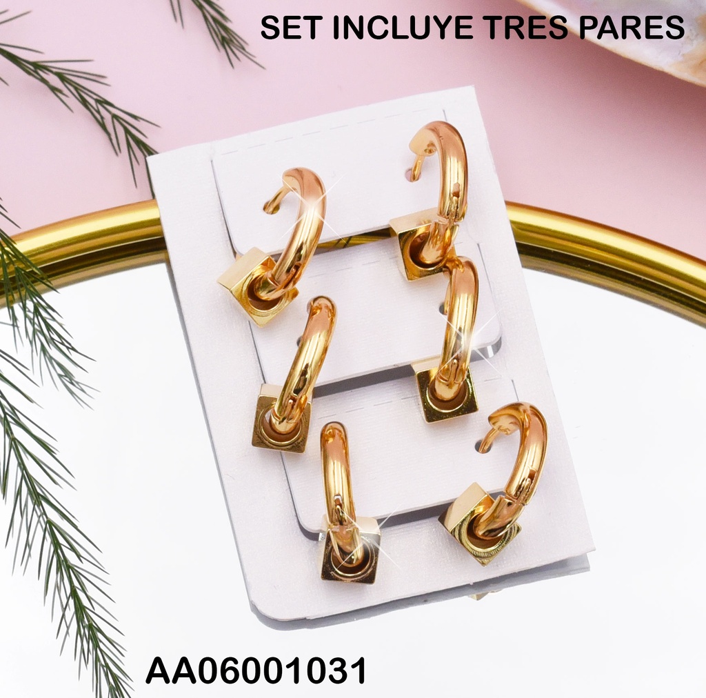 ARETES HUGGIES PAQUETE 3 PARES CUBO LISO DORADO