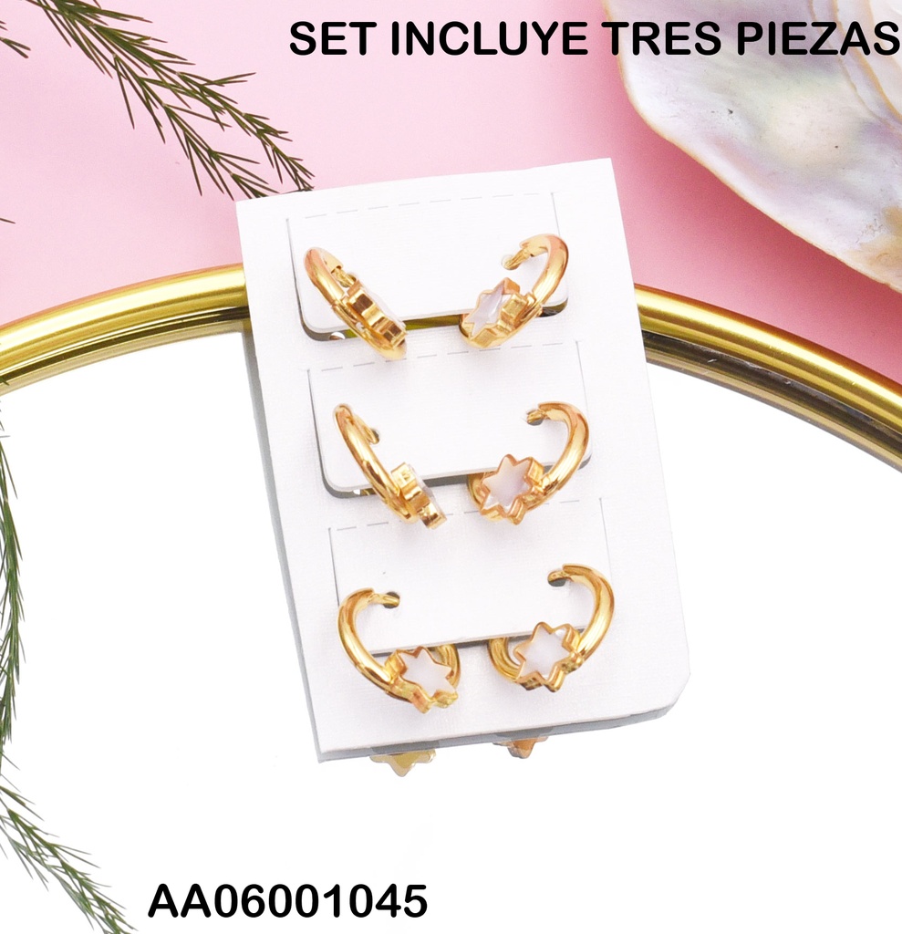 ARETES HUGGIES PAQUETE 3 PARES ESTRELLA NÁCAR