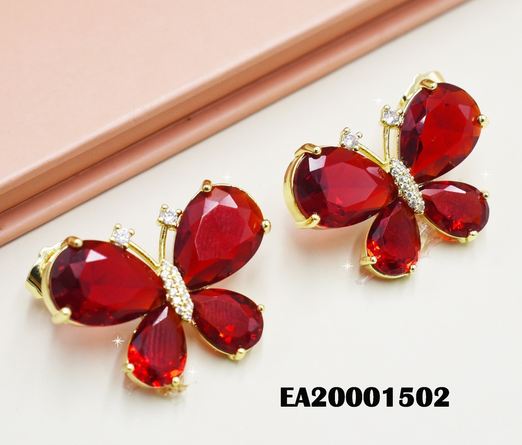 ARETES MARIPOSA ZIRCONIA ROJA DETALLES CUERPO/ANTENA