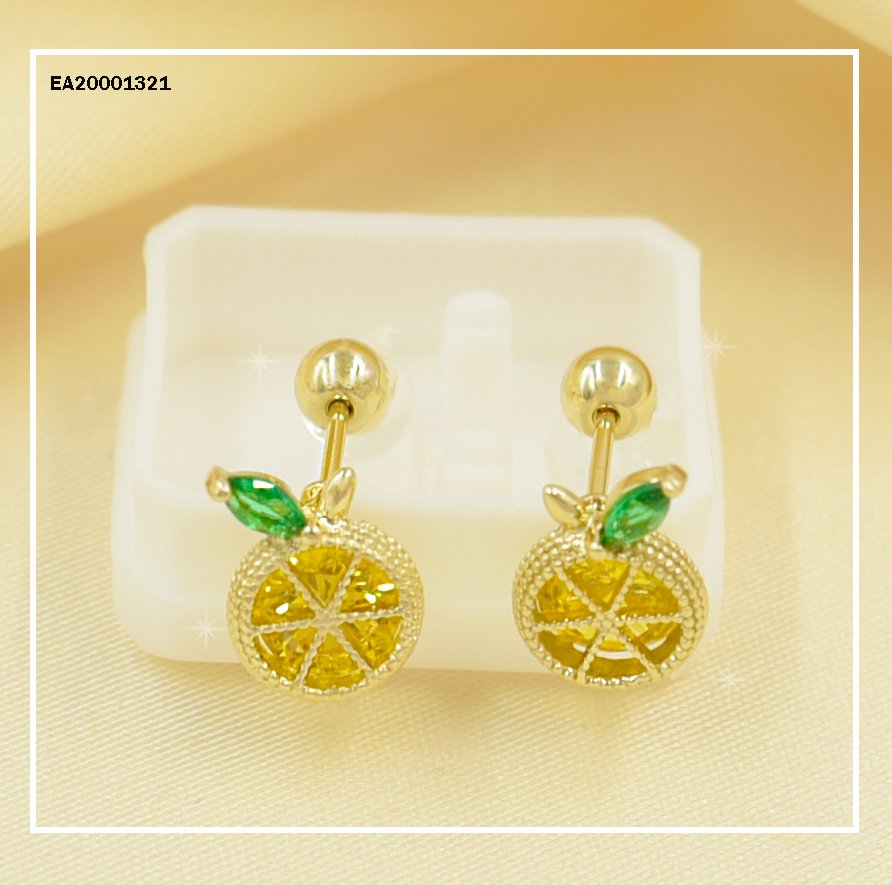 ARETES NARANJAS CON HOJITA VERDES C/TAPÓN PROTECTOR
