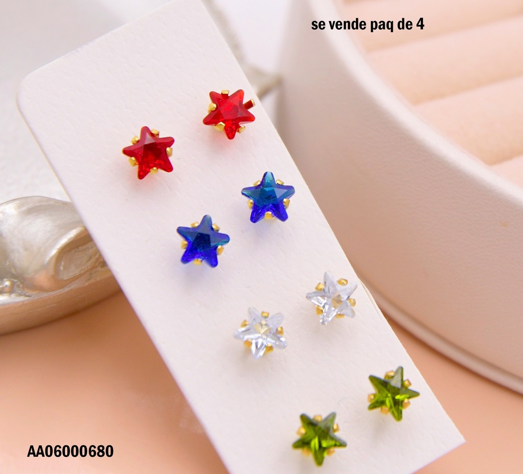 ARETES PAQ. 4 PARES ZIRCONIAS ⭐ COL.VARIOS 6MM