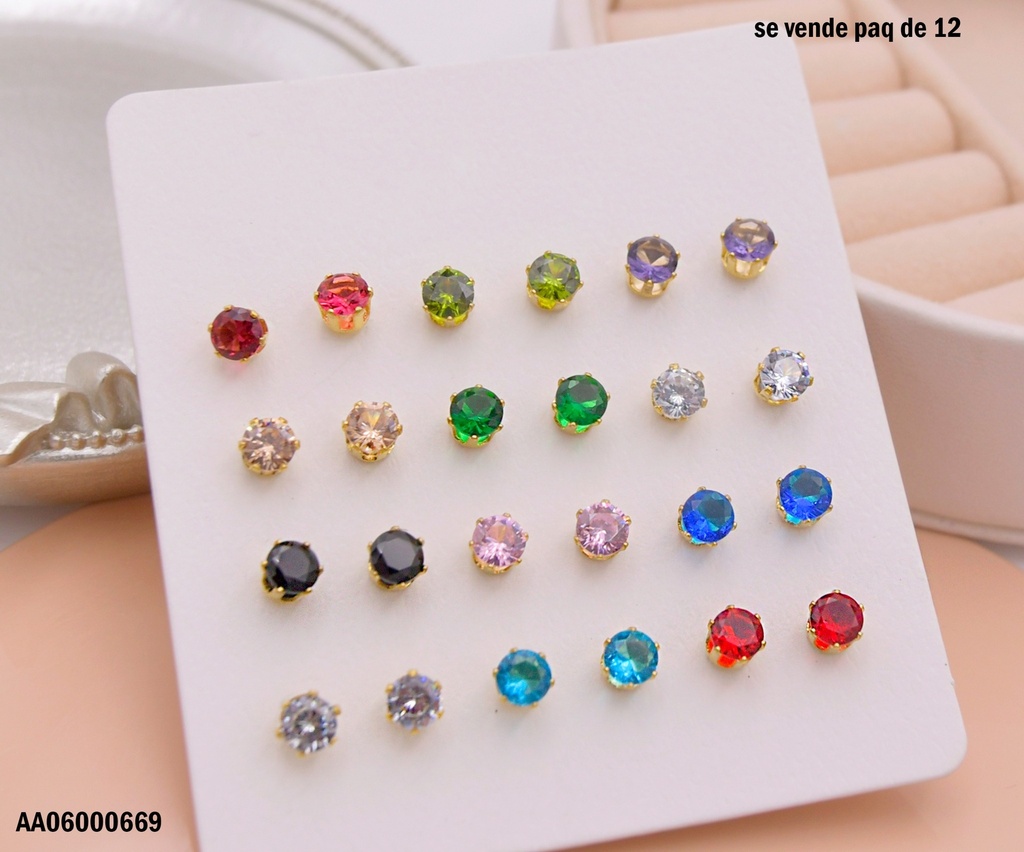 ARETES PAQ.12 PARES ZIRCONIAS  DOR. REDONDAS COL.  5MM