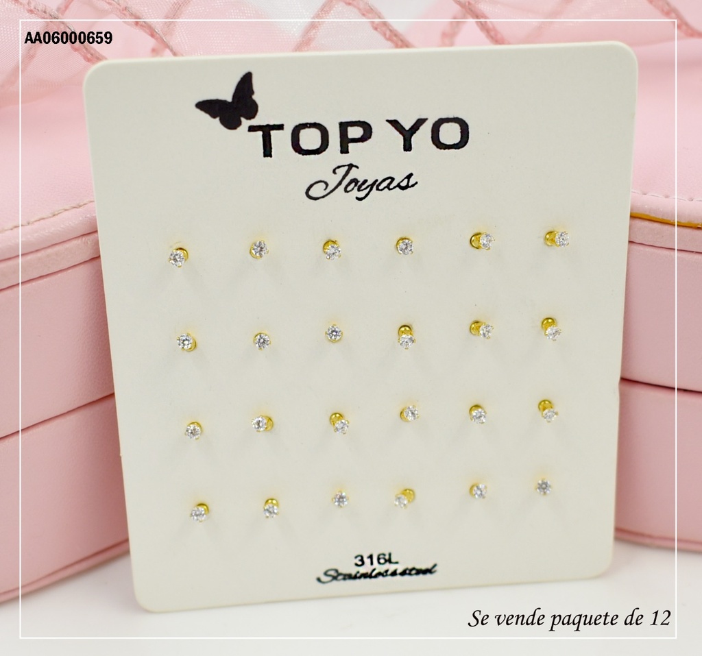 ARETES PAQ.12 UNID ZIRCONIAS DORADAS 2MM