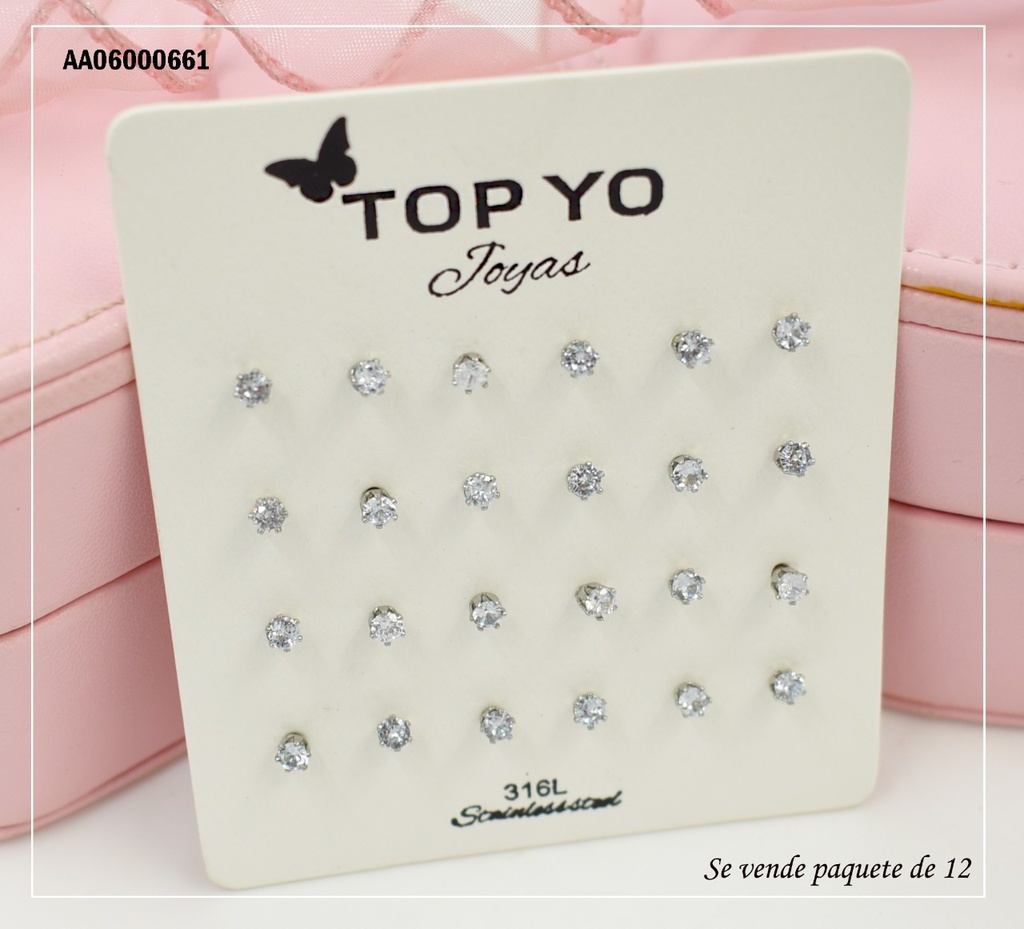 ARETES PAQ.12 UNID ZIRCONIAS PLATEADAS 3MM