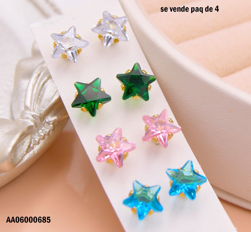 ARETES PAQ.4 PARES ZIRCONIAS DOR.⭐COL.VARIOS 8MM(060)