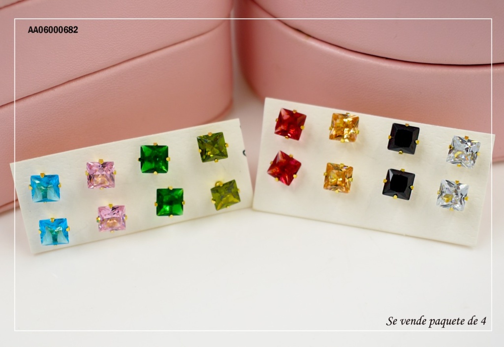 ARETES PAQ.4 UNID.ZIRCONIAS ⬜ DOR. COL.VARIOS 6MM