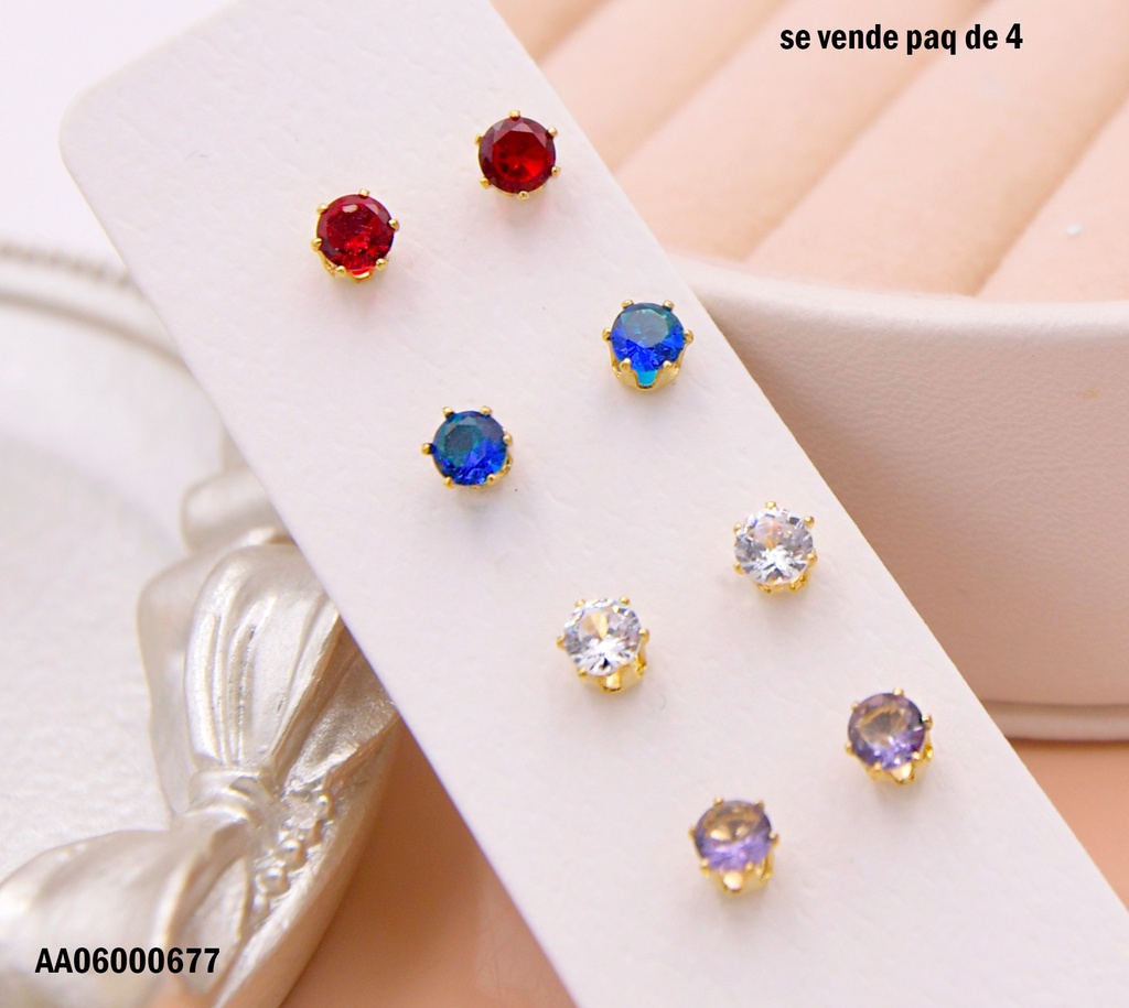 ARETES PAQ.4 ZIRCONIAS  DORADAS COL.VARIOS 4MM