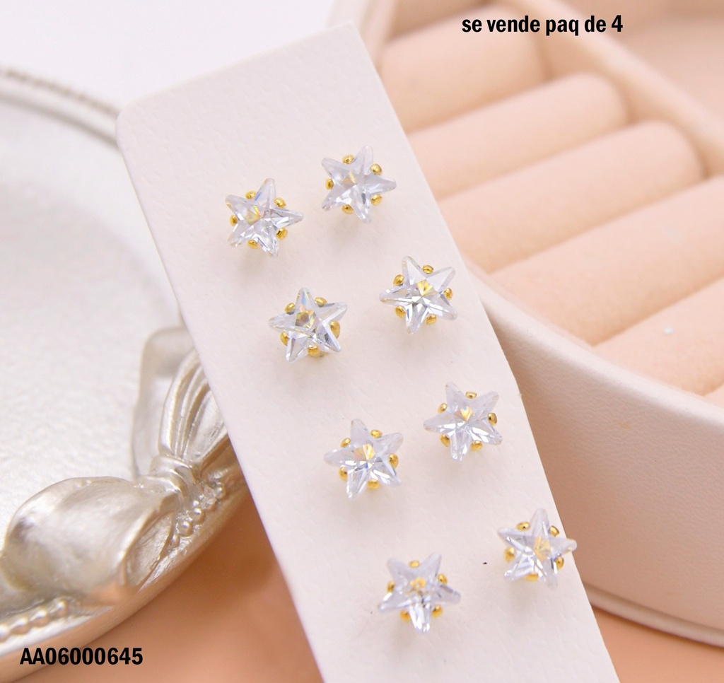 ARETES PAQUETE 4 PARES ZIRCONIAS ESTRELLAS DORADAS 8MM