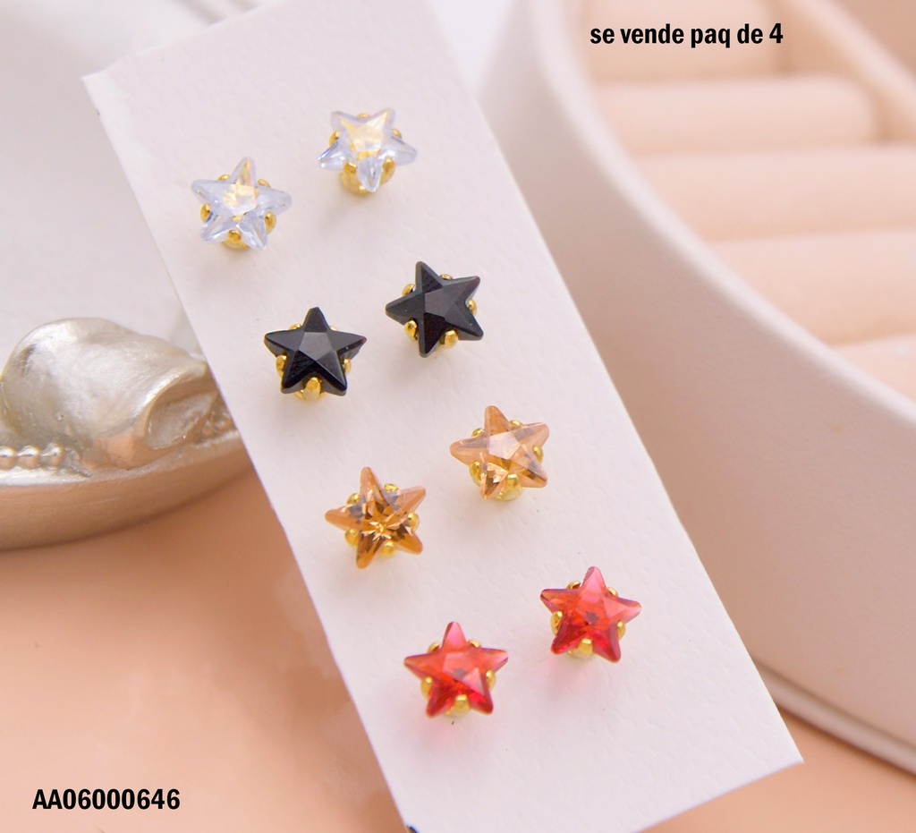 ARETES PAQUETE 4 PARES ZIRCONIAS ESTRELLAS DORADAS/COL 7MM