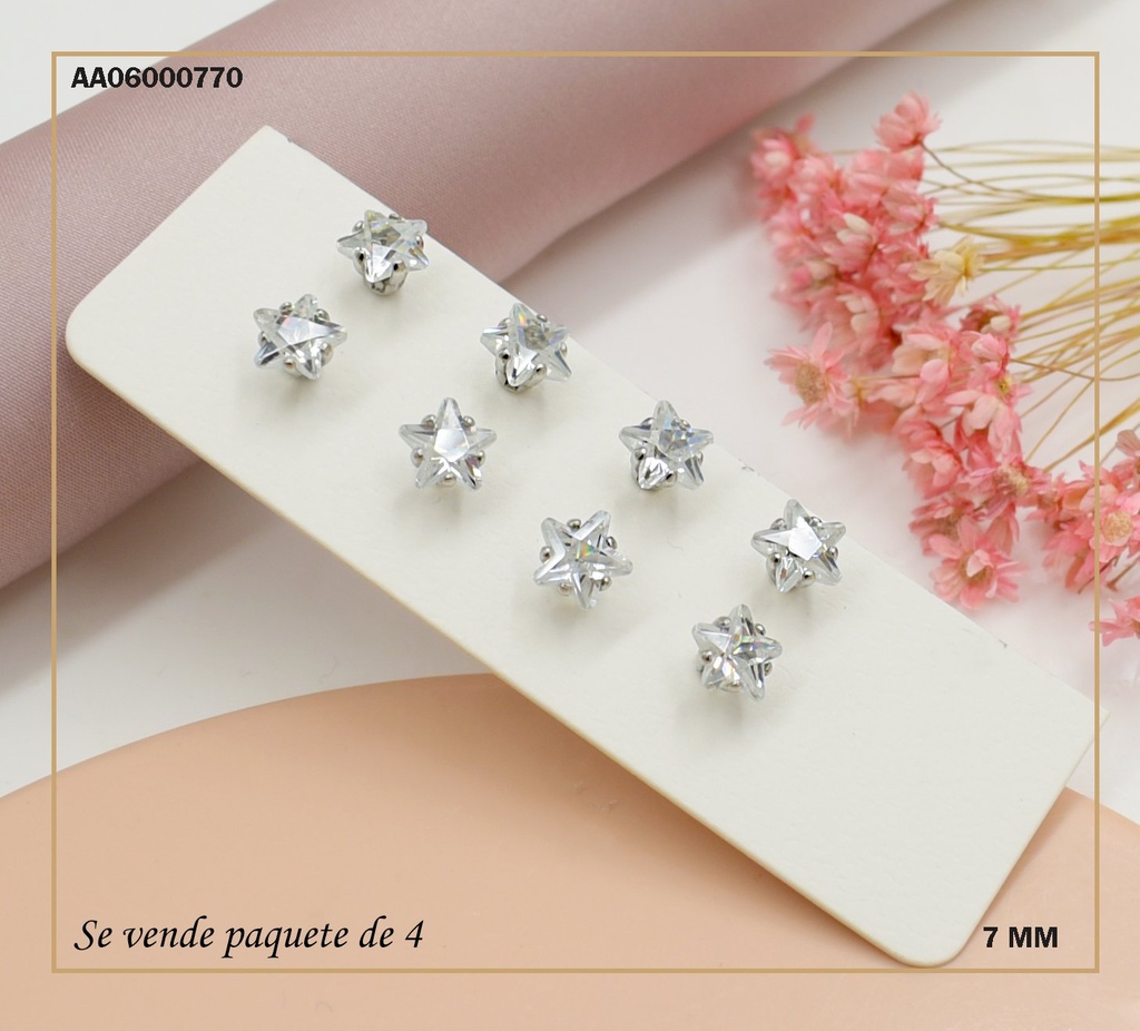 ARETES PAQUETE 4 UNID ZIRCONIAS ESTRELLAS PLATEADAS 7MM