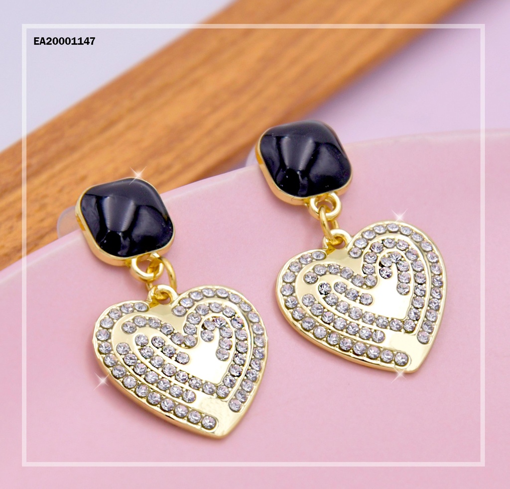 ARETES ROMBO NEGRO CORAZÓN ZIRCONIA COLGANTE
