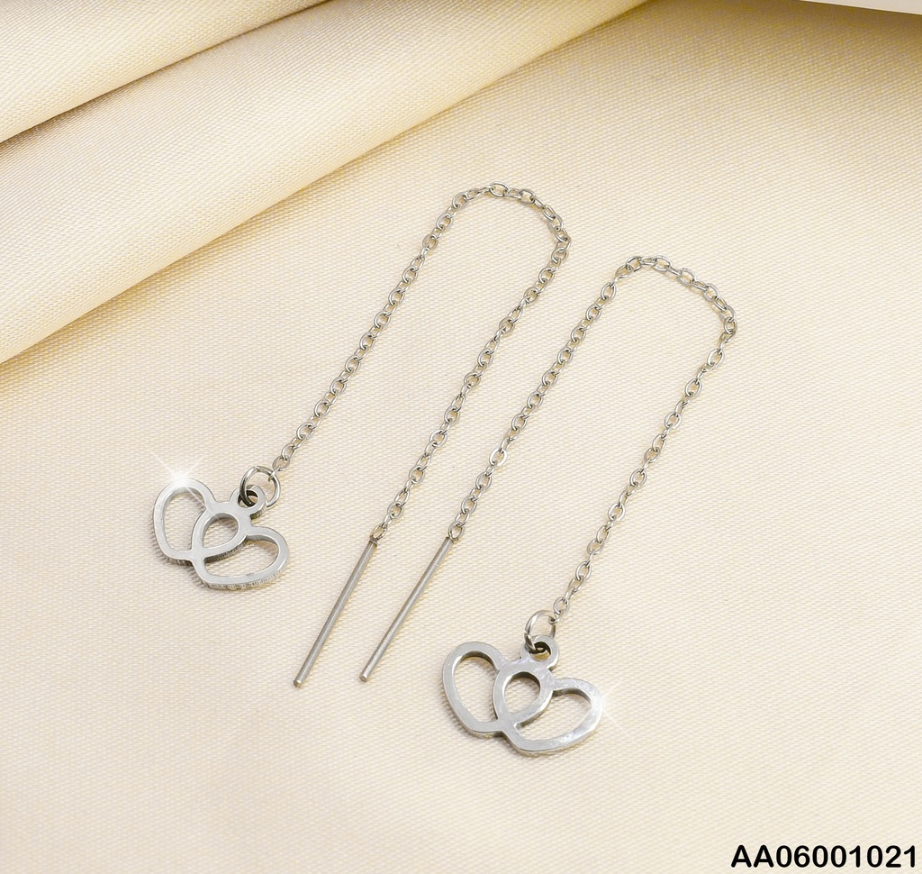 ARETES VIOLADORAS PLATEADAS CROQUIS CORAZONES ENTRELAZADOS