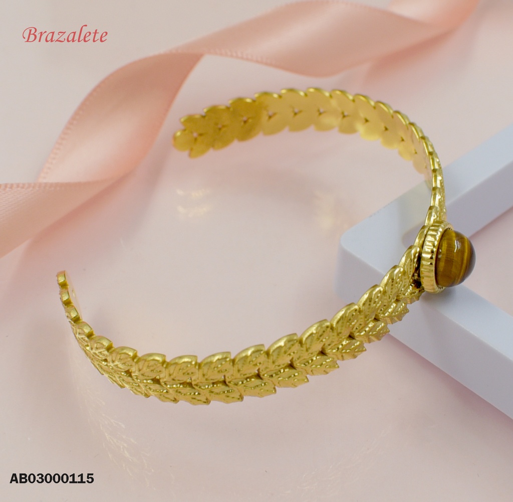 BRAZALETE ABIERTO HOJITAS PIEDRA CAFÉ REDONDA