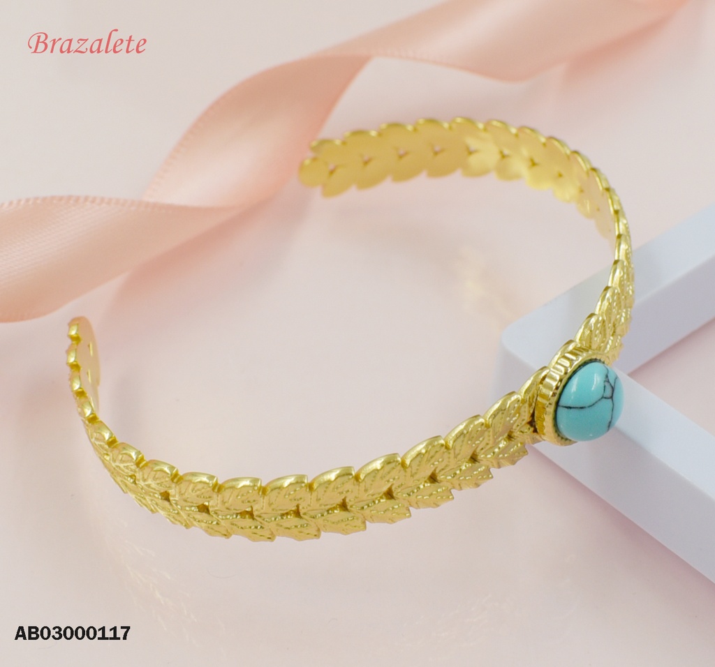 BRAZALETE ABIERTO HOJITAS PIEDRA REDONDA TURQUESA
