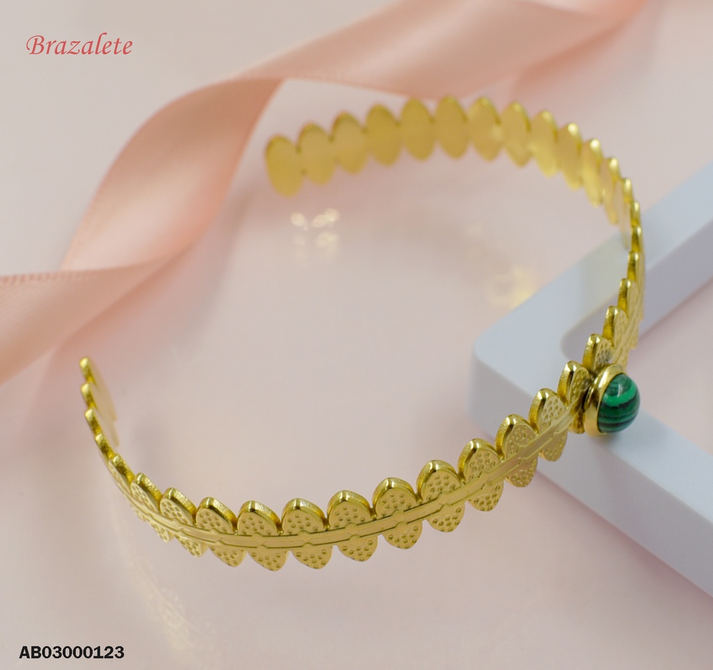 BRAZALETE ABIERTO ÓVALOS DOR.PIEDRA REDONDA VERDE/NEGRO