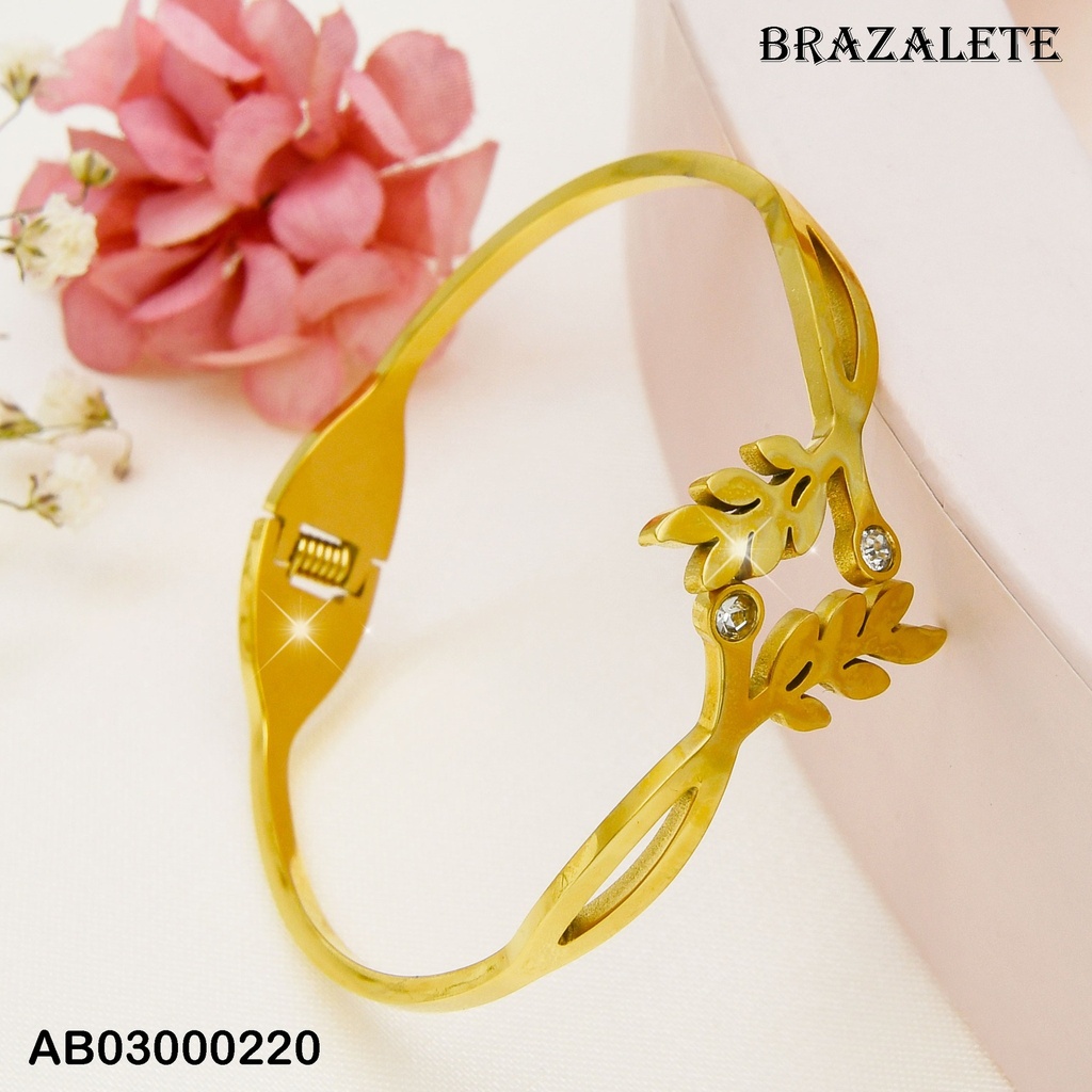 BRAZALETE ACERO AJUSTABLE CON 2 RAMITAS DE HOJAS Y ZIRCONIAS