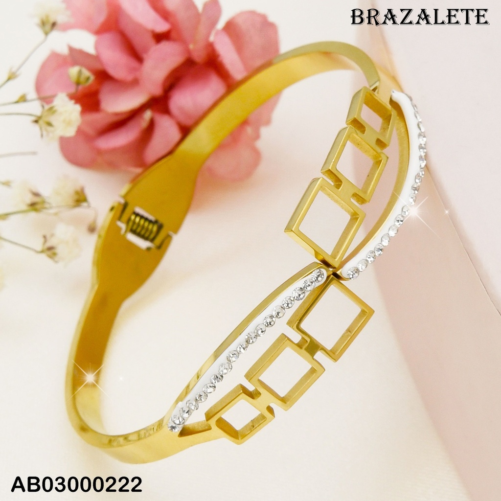 BRAZALETE ACERO AJUSTABLE CON 3 CUADROS Y UNA LINEA LLENA ZIRCONIAS