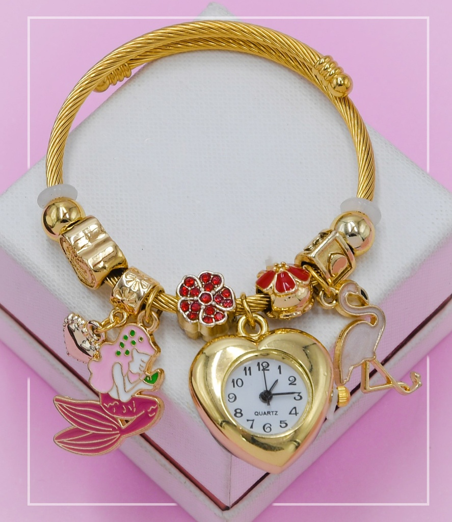 BRAZALETE CON RELOJ COLGANTE DE SIRENA Y FLAMINGO