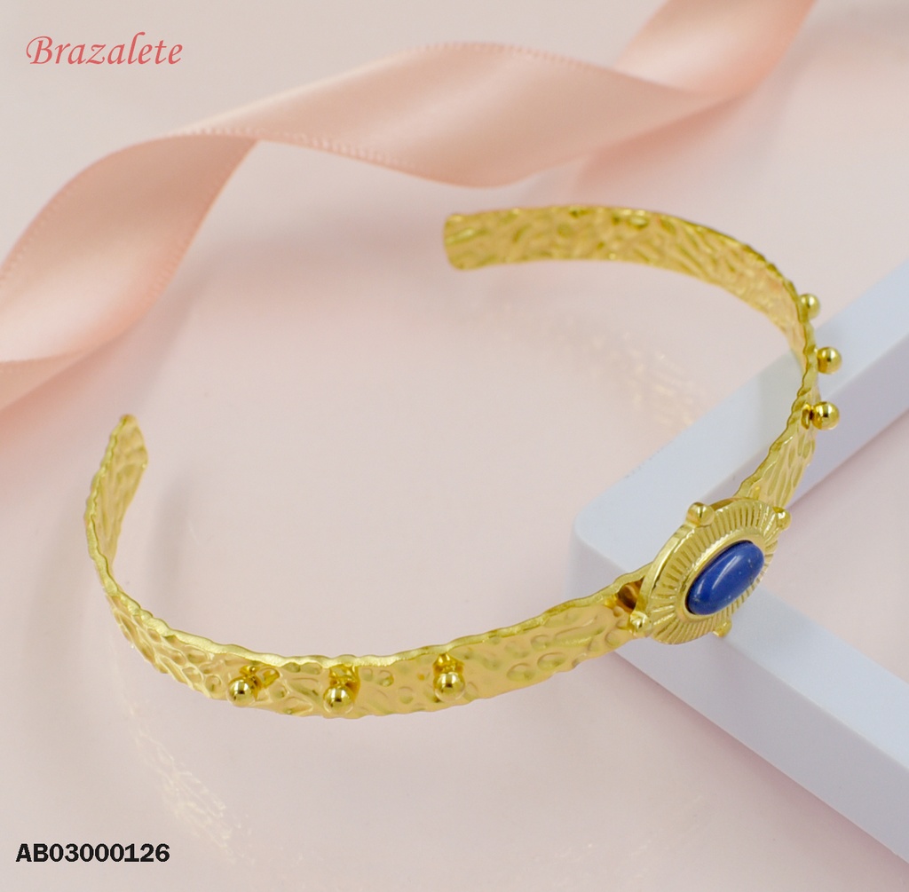 BRAZALETE DELGADO PELOTITAS DOR. LATERALES PIEDRA AZUL