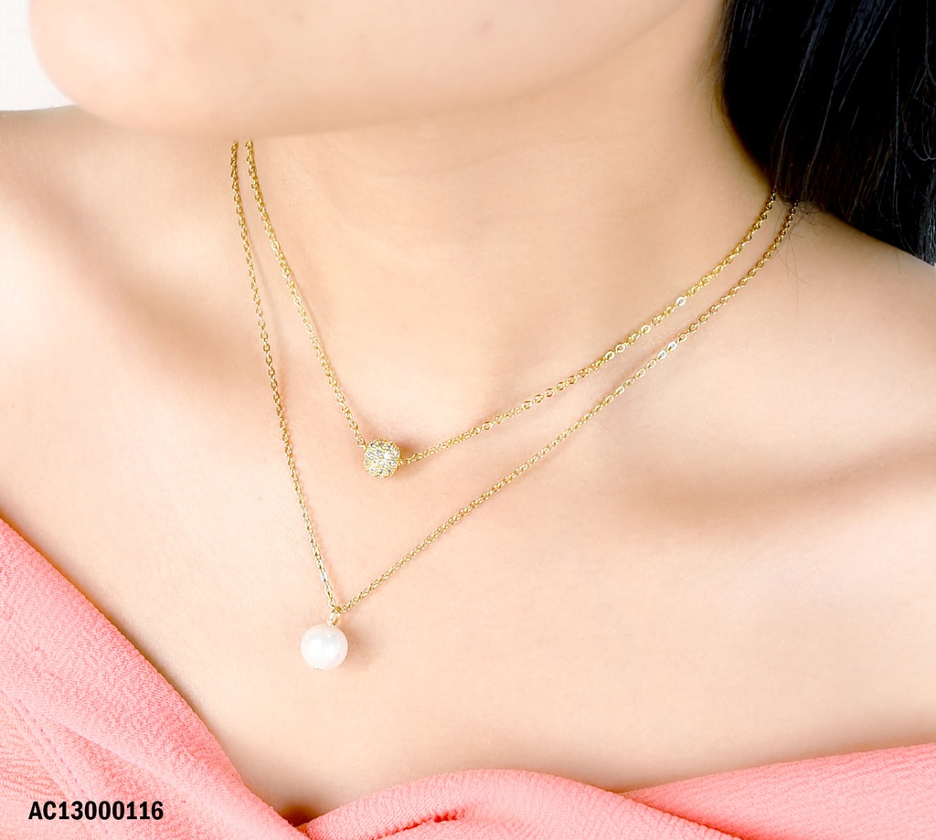 CADENA CON DOBLE DIJE PELOTITAS CON ZIRCONIAS Y PERLA