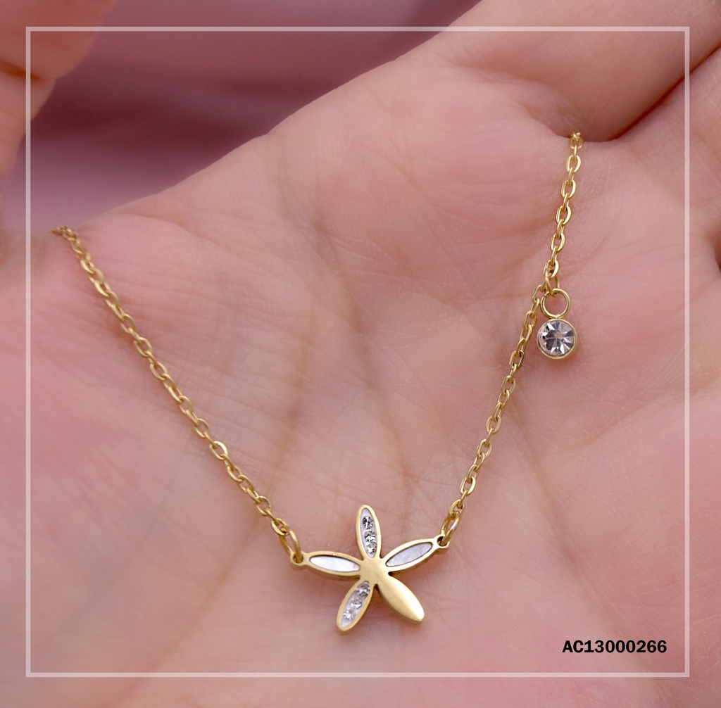CADENA DIJE FLOR PETÁLOS BLANCO/ZIRCONIAS/LISO