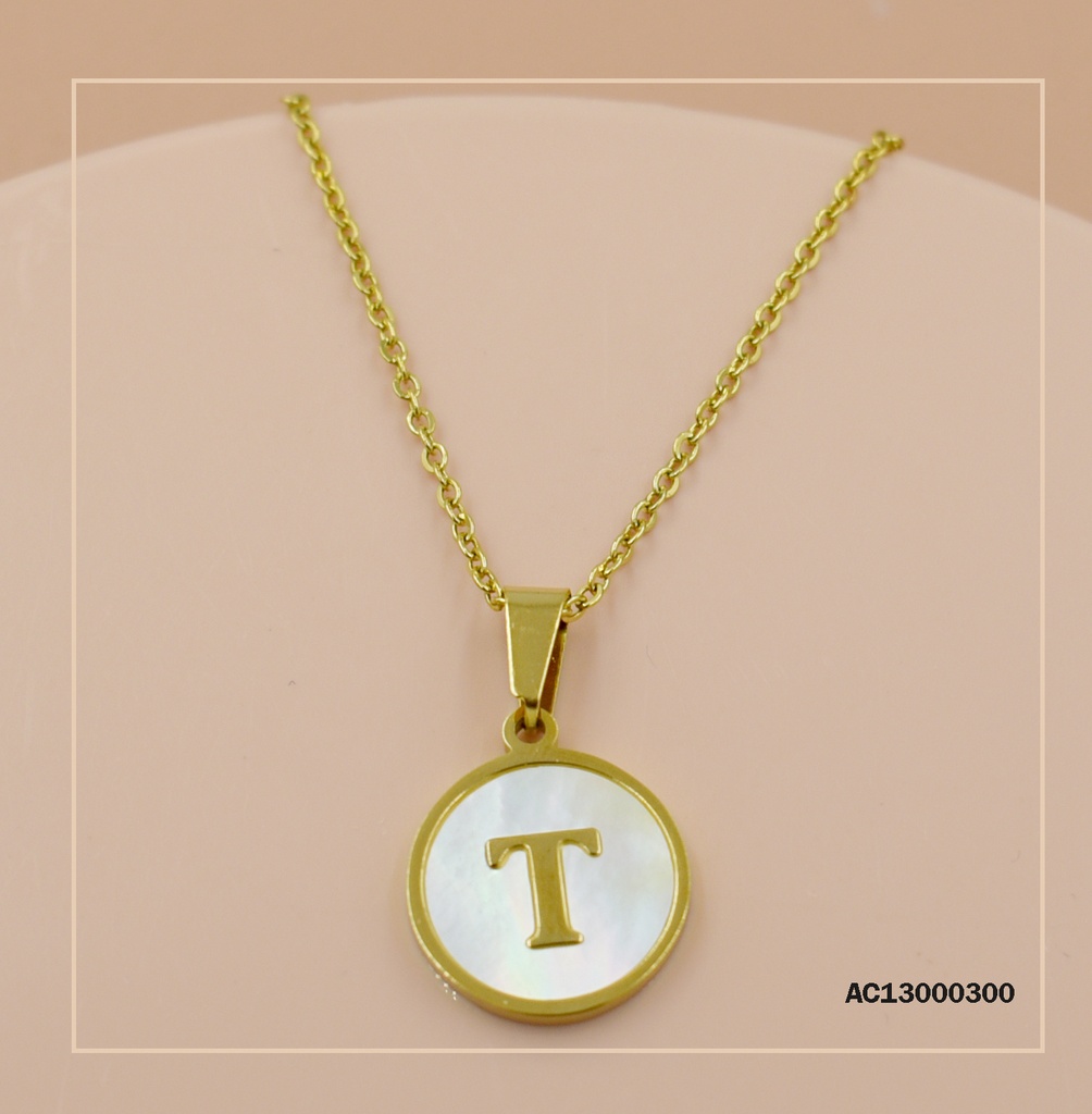 CADENA DIJE REDONDO BLANCO C/LETRA "T"