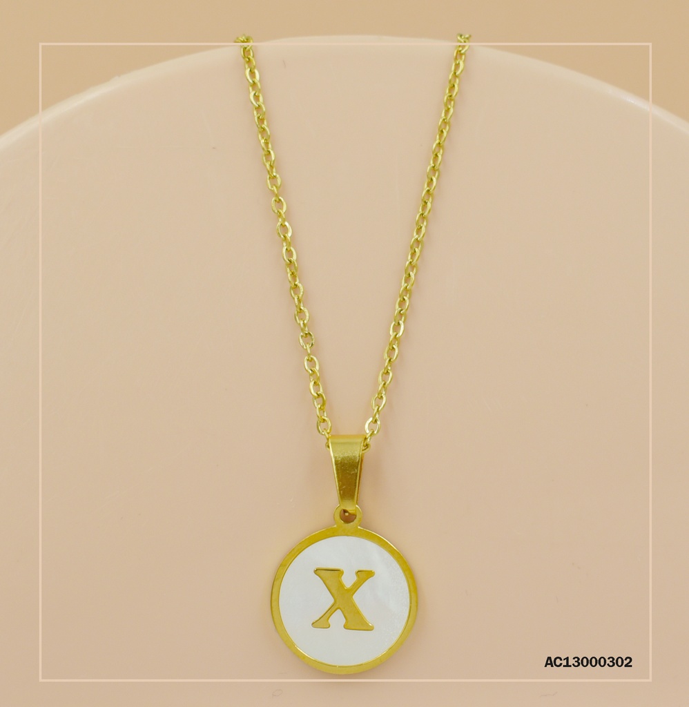 CADENA DIJE REDONDO BLANCO C/LETRA "X"
