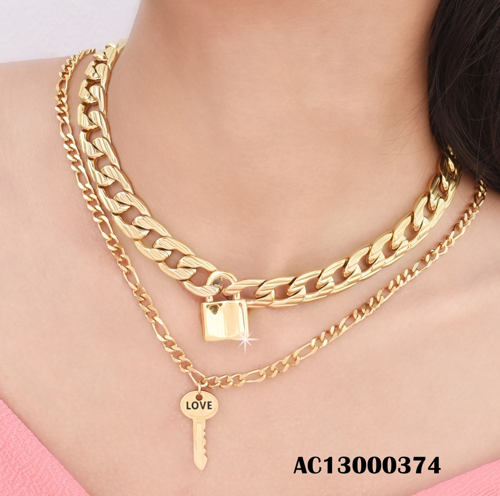 CADENA DOBLE MARTILLADA ANCHA DIJE CANDADO/LLAVE "LOVE"