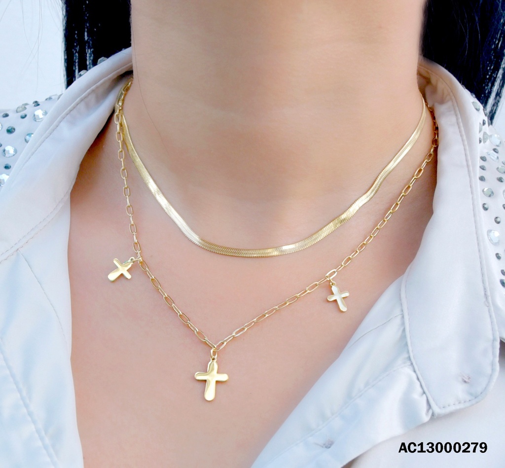 CADENA DOBLE PLANA/TRADICIONAL CON 3 CRUCES LISAS