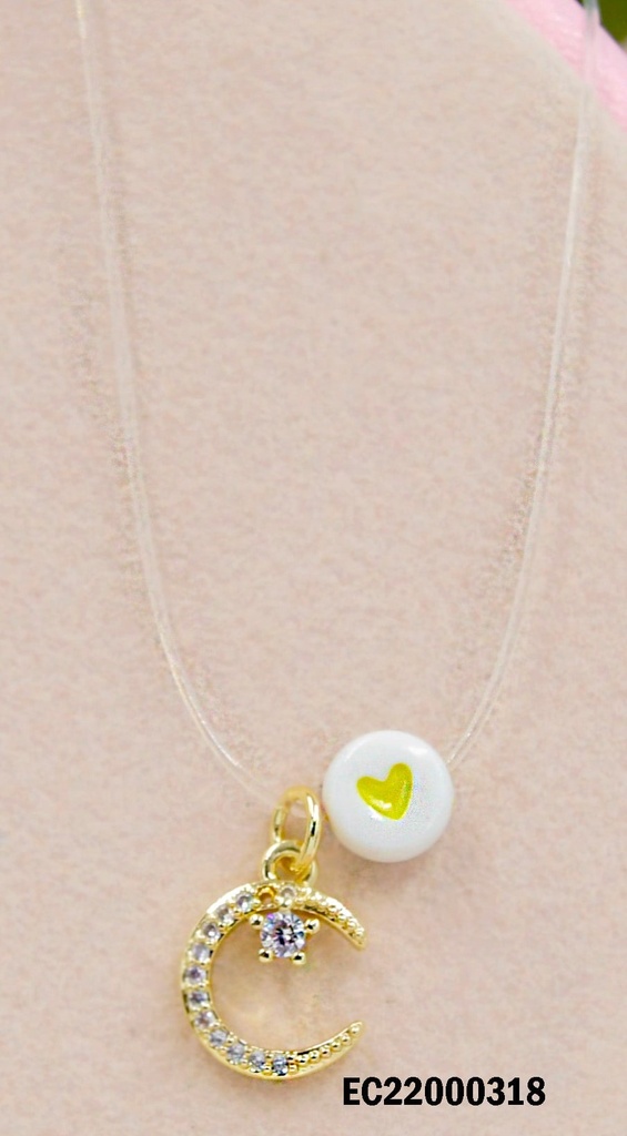 CADENA HILO NYLON DIJE LUNA Y CÍRCULO BLANCO CON CORAZÓN