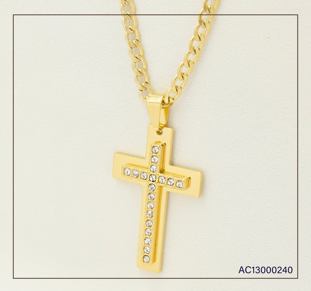 CADENA MARTILLADA DIJE CRUZ ZIRCONIAS BASE ANCHA