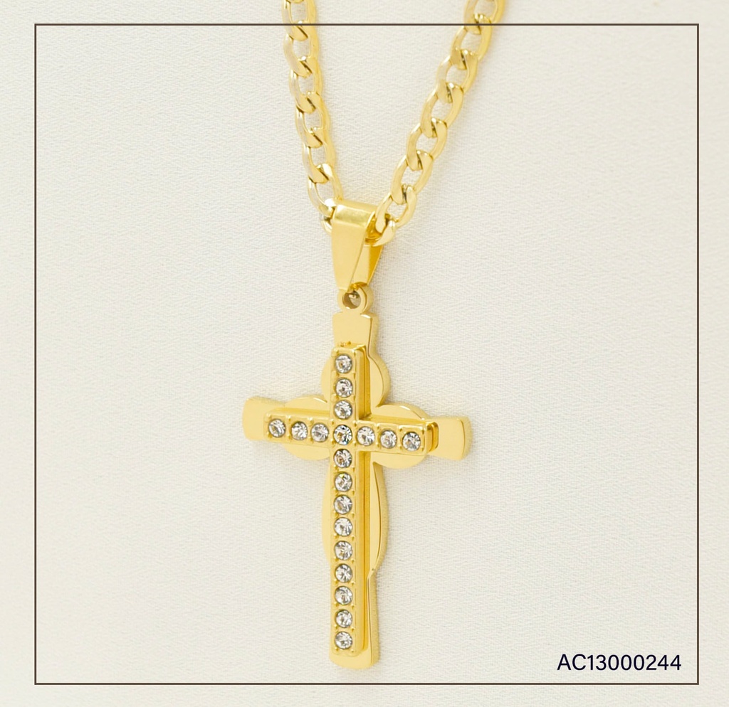 CADENA MARTILLADA DIJE CRUZ ZIRCONIAS BORDE IRREGULAR