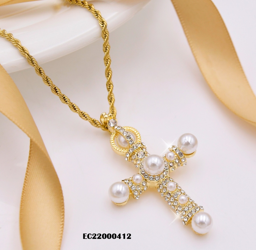 CADENA TORNEADA DIJE CRUZ C ZIRCONIAS Y PERLAS