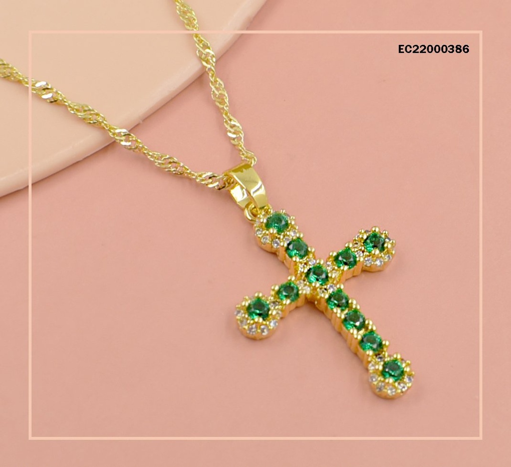 CADENA TORNEADA DIJE CRUZ DORADA ZIRCONIAS VERDES