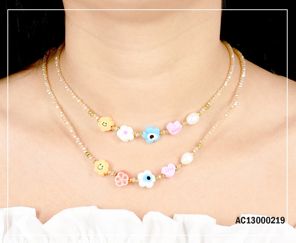 CADENA VERANERA CRISTALES DIJES 🌸/♥/PELOTITA BLANCA
