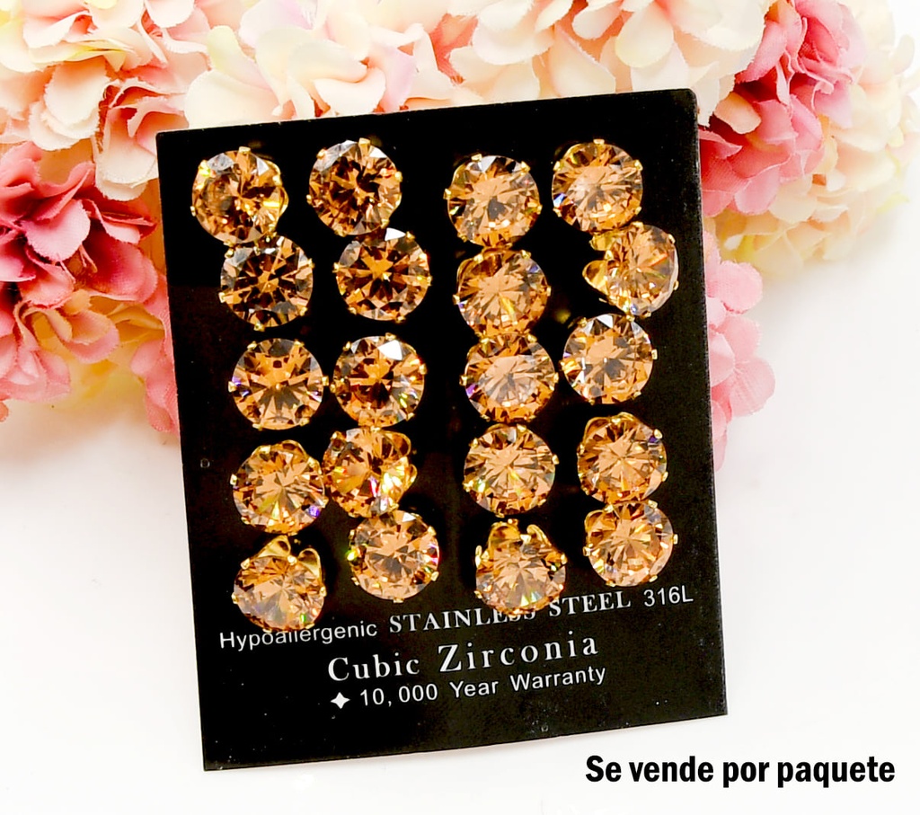 CARTON DE 10 PARES DE ARETES ACERO DE CIRCONIA GRANDE NARANJA