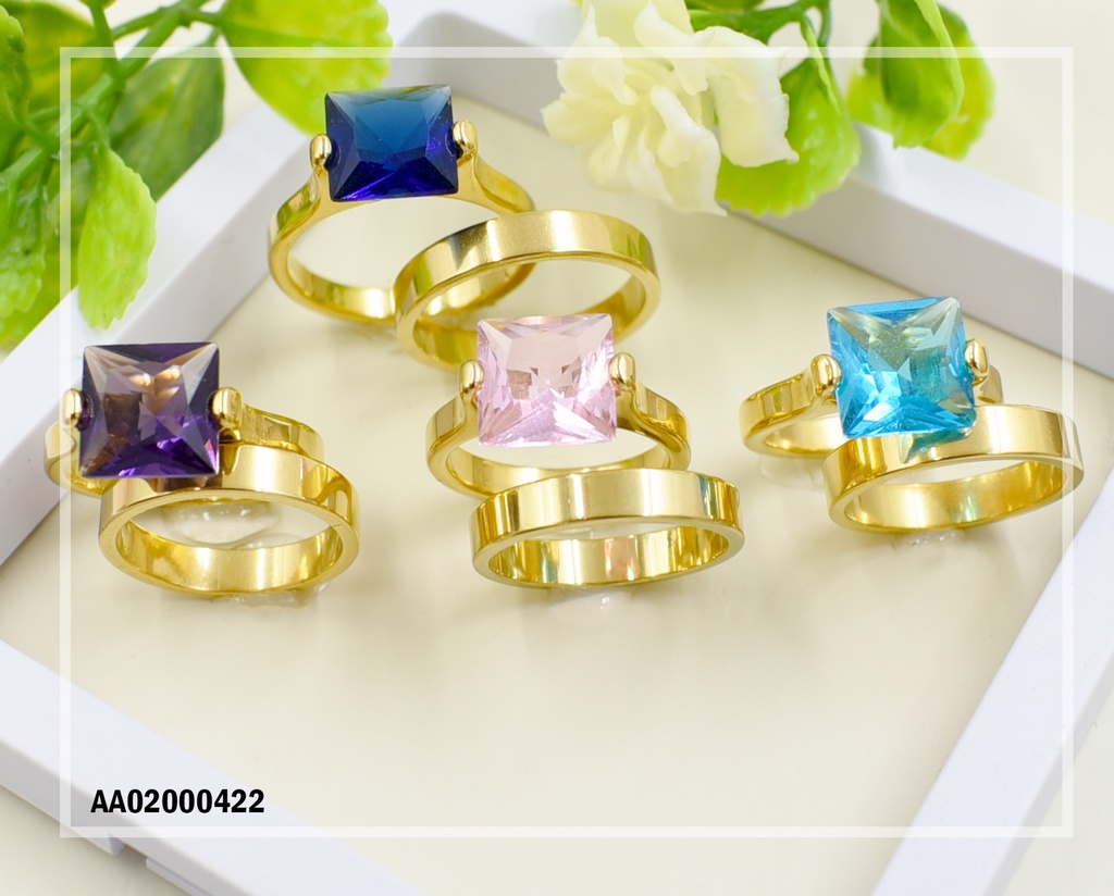 DÚO ANILLOS COMPROMISO CUADRO ZIRCONIA COL.VARIOS