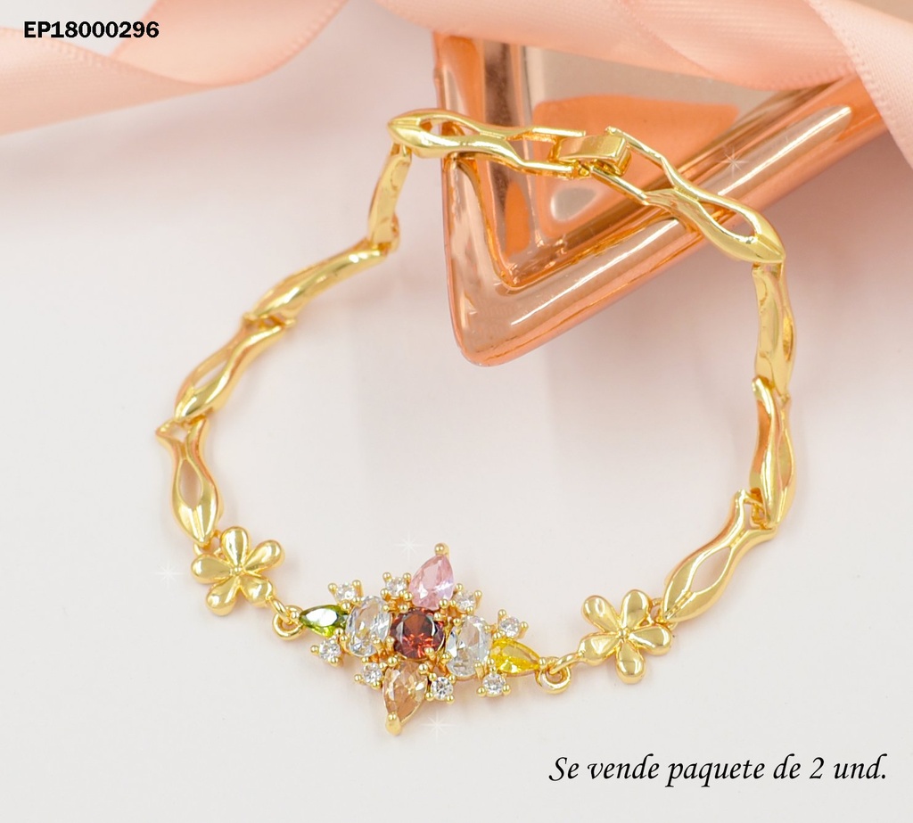 DÚO PULSERAS FLOR PETÁLOS ROSA/BEIGE/CRISTALES CENTRO ROJO