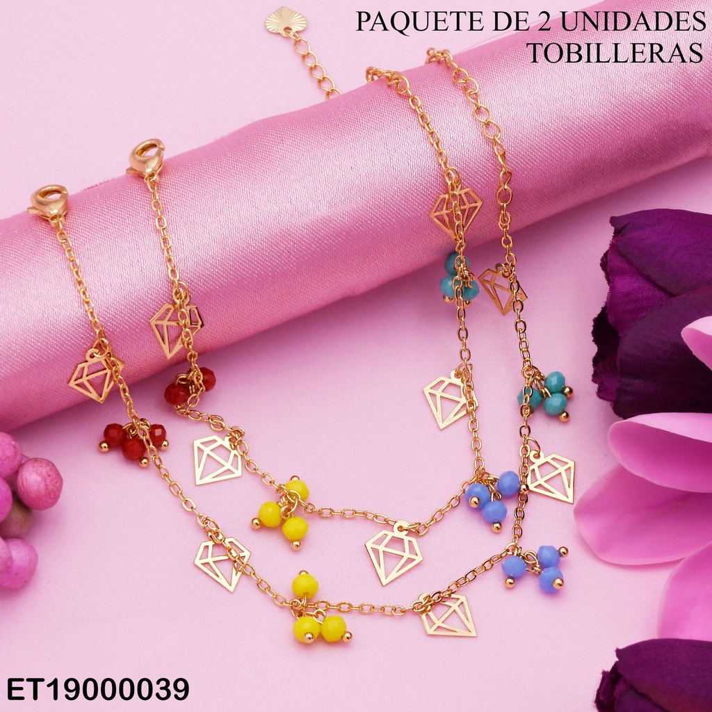 DÚO TOBILLERAS ESFERAS COL.V DIJES:💎/💛/LATIDO/⭐