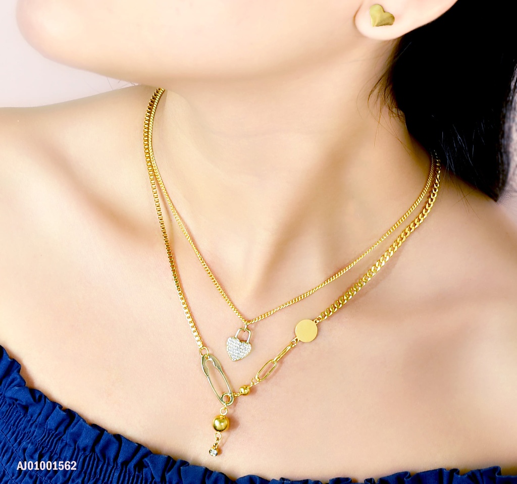 JJUEGO DORADO ARETES CORAZON LISO, CADENA DOBLE DIJES CORAZÓN,CIRCULO Y PELOTITAS